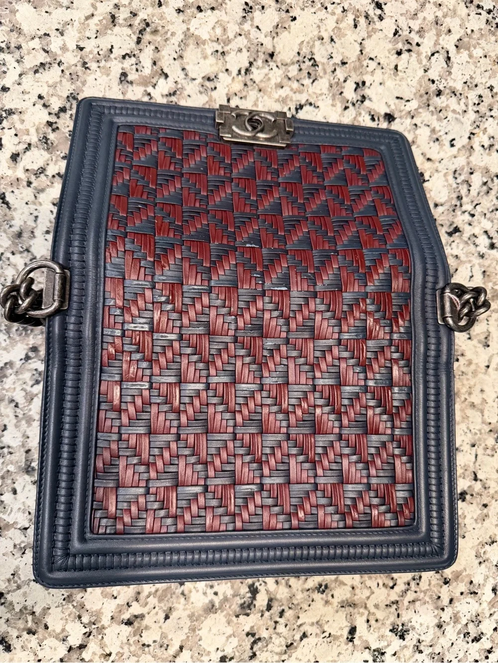 CHANEL Woven Two-Tone Leather Shoulder Bag - Navy Blue & Burgundy